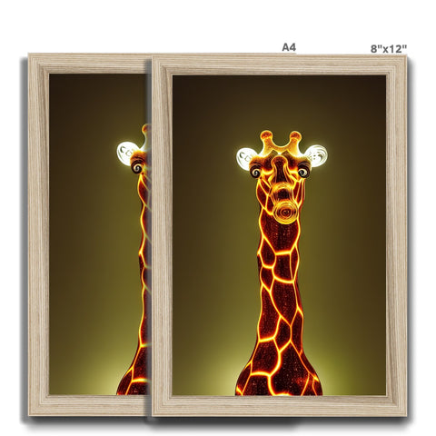 A couple giraffe posing for a photo for a large wall hanging.