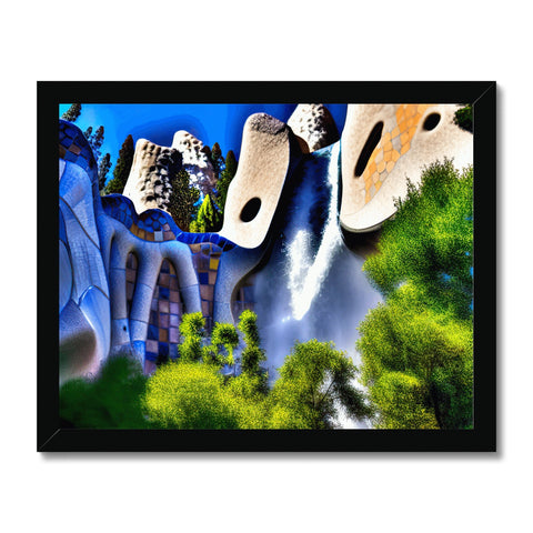 A picture of some waterfalls at an outdoor attraction is shown on a wall.