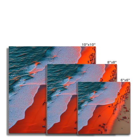 Three images of a beach with waves on a white piece of tile.