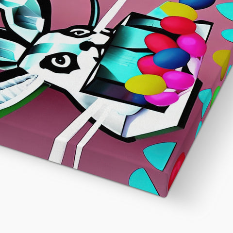A handwrapped box with a colorful paper, scissors and cards.