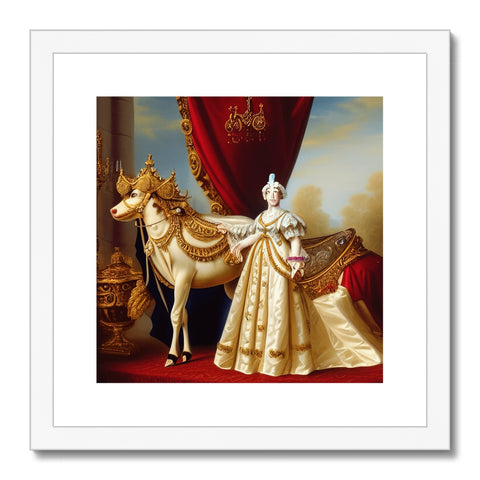 A silver and gold mounted image of Queen Jamboree and Elegist looking