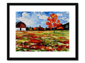 An art print of red apple trees with a barn in a distance.