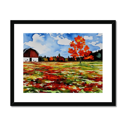 An art print of red apple trees with a barn in a distance.