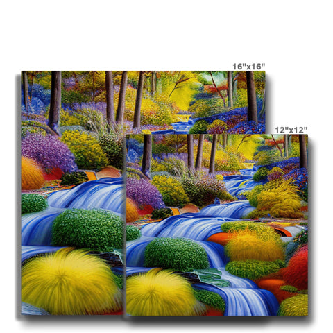 A set of place mats holding cards with pictures of various colored colored art on them.