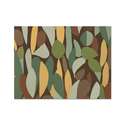 A green place mat with brown plants and a green and green print background with a black