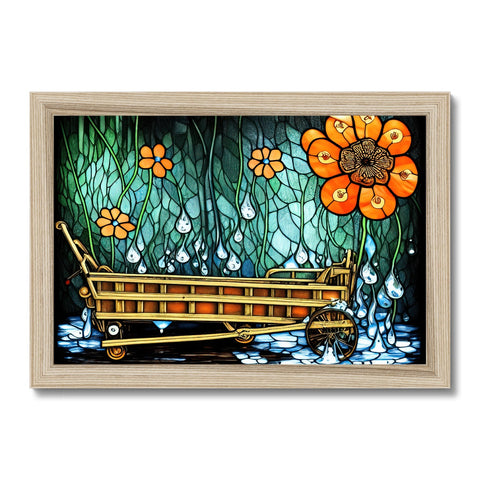A painting of an orange trolley and orange tractor floating in water.