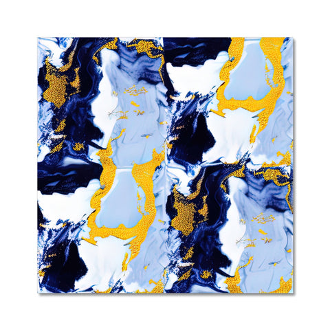 An art print on white tile with gold tile on a wall in the corner of the
