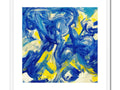 An abstract painting in blue with a blue sky next to some paintings printed in blue and