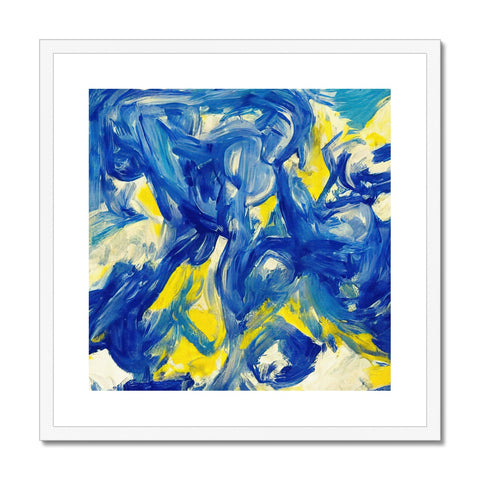 An abstract painting in blue with a blue sky next to some paintings printed in blue and