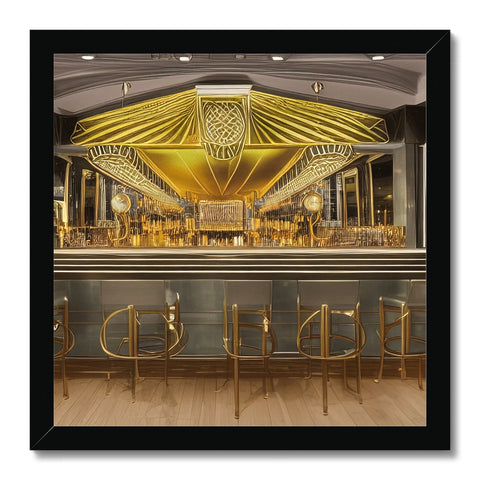 A white and gold wall mirror hangs by the front of a bar with gold tile floor