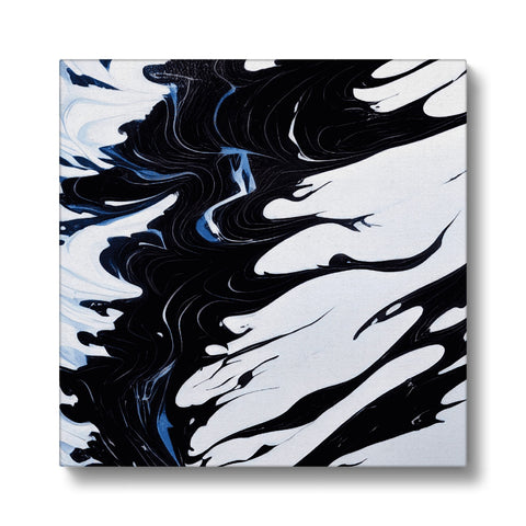 A black and white painting of surf waves crashing on a ceramic floor.