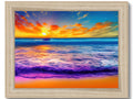 A colorful wooden print with a sunset and a water body on the ocean.