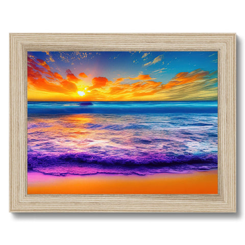 A colorful wooden print with a sunset and a water body on the ocean.