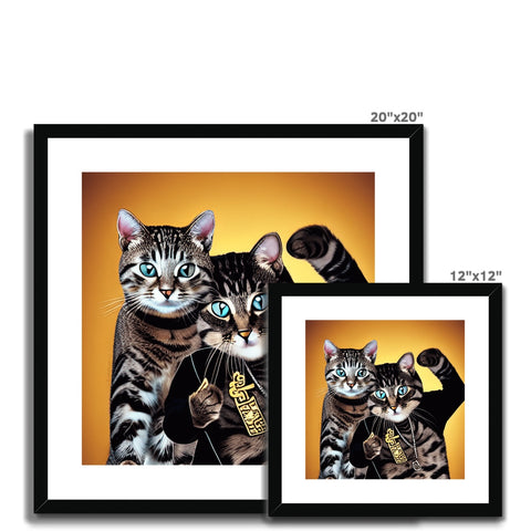 Several photos of cats sitting in a picture frame with black stripes and white faces.