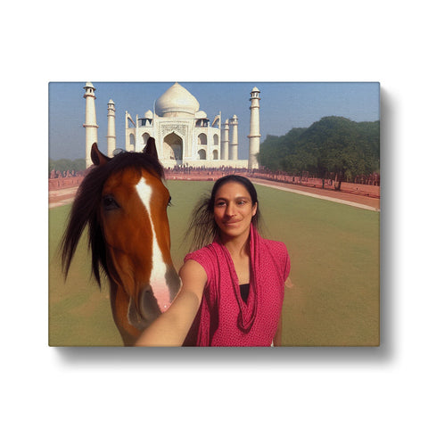 A woman with a photograph taken in front of a horse.