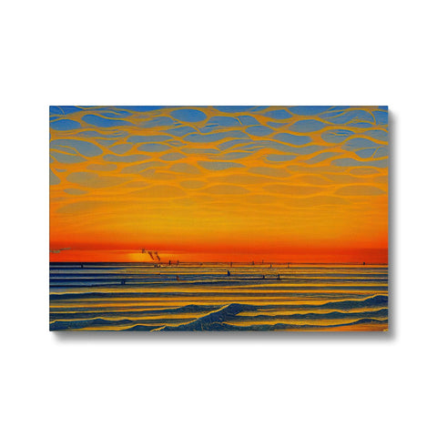 A painting of an oil tank and waves on a beach with a sunset behind it
