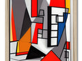 A picture of a large square geometric art piece sitting in a red glass frame.