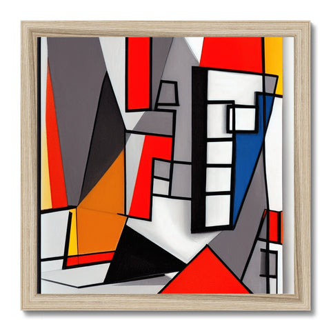 A picture of a large square geometric art piece sitting in a red glass frame.