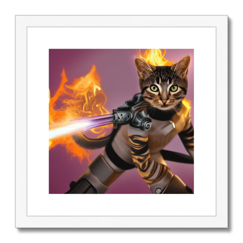 Art print of a cat spraying fire with some spray.