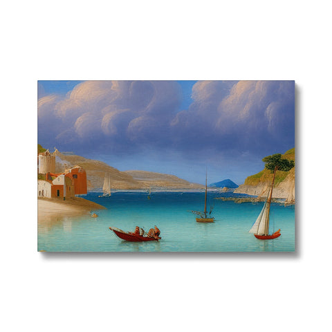 an idyllic scene of a set of sailboats in the ocean with a couple
