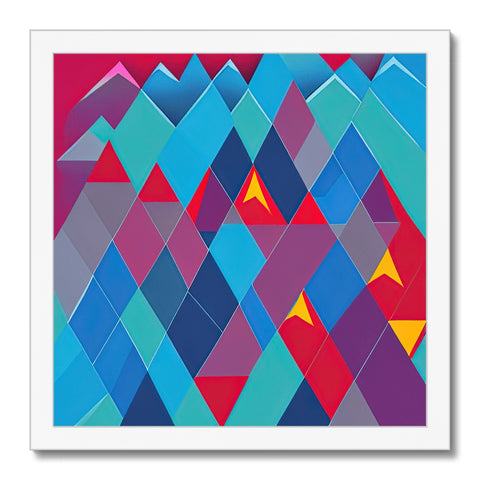 A colorful geometric wall painting of a mountain mountain topped with a red sunset, blue