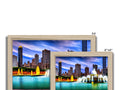 A wooden picture frame with four images of two images in it with two blurred backgrounds.