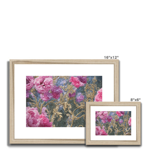 A collection of white, pink and yellow floral art on a frame.