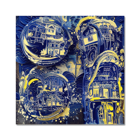 Art prints that are painted on some wall tiles and a decorative clock.