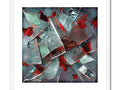 A broken glass picture on an apartment wall with an abstract art print on top of it