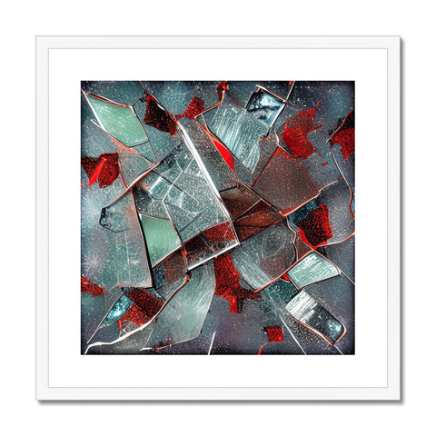 A broken glass picture on an apartment wall with an abstract art print on top of it