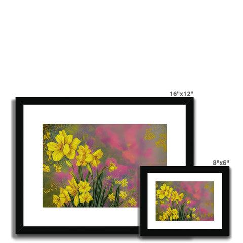 A picture of pink, yellow daffodils on a photo frame with a red