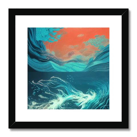 Art print of waves crashing through a blue ocean next to a tree.