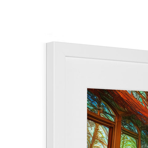 An image of an image of a window in a wood frame with a picture.
