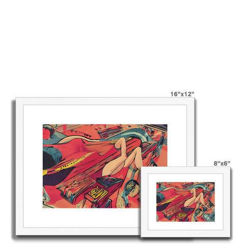 an art print on a display of artwork beside a painting beside two cards with images on