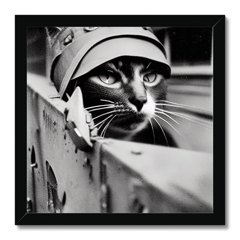 A cat is sitting under a tank next to a picture plate.