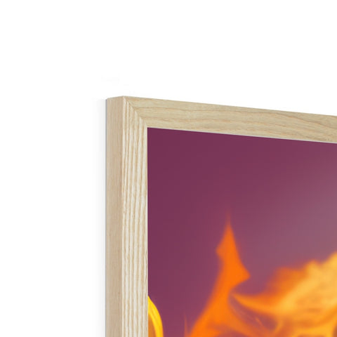 The flames in front of a fireplace on top of a wooden picture frame.