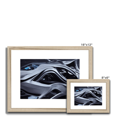 A picture of a wooden frame on top of a wall with white and blue framed art