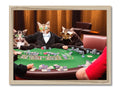 The four cats are posed to play poker at a game with a black man standing with