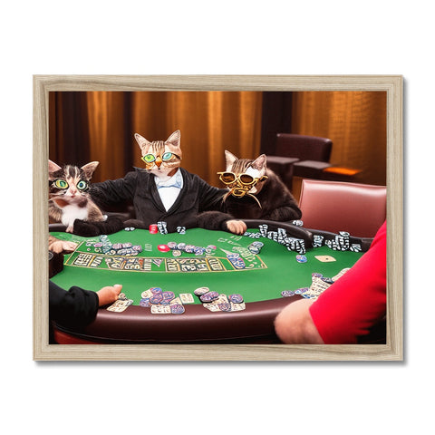 The four cats are posed to play poker at a game with a black man standing with