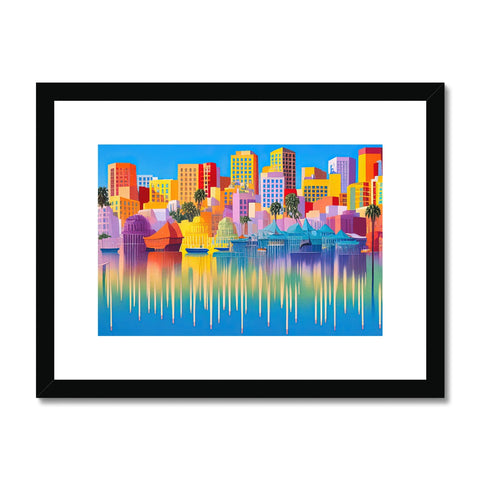 A city skyline in full view on an art print.
