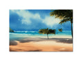 A beautiful tropical beach scene that contains a lot of clouds and palm trees next to water
