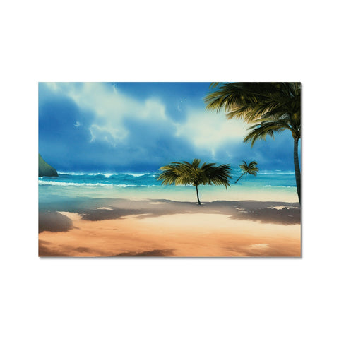 A beautiful tropical beach scene that contains a lot of clouds and palm trees next to water