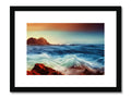 An art print by a red walled ocean surrounded by waves on a mountain face.