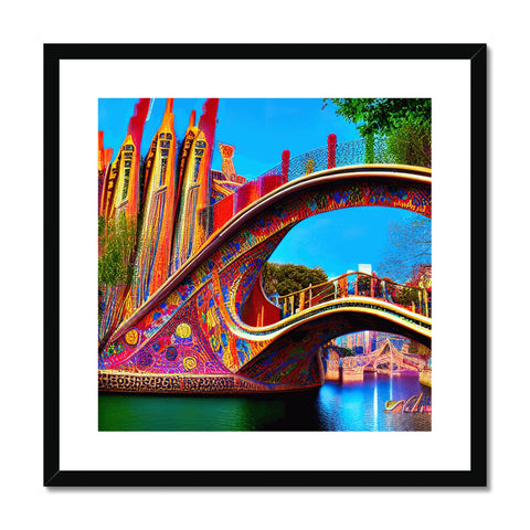 Art prints hanging on the walls of a bridge, the colors are vibrant and bright.