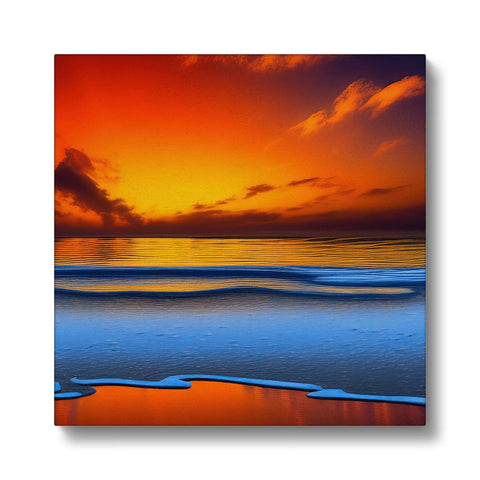 Art print paintings on beach with beautiful sunset on the horizon reflected in a colorful background.