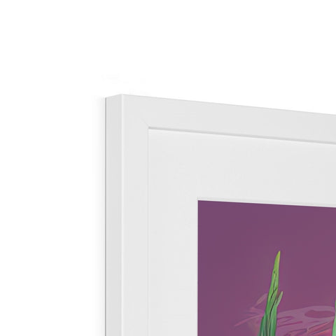 An art print is on a frame with a white picture above it.
