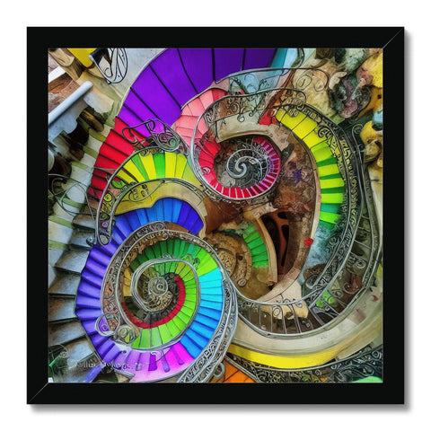 An art print of a stairway with a spiral winding around a circle room window.
