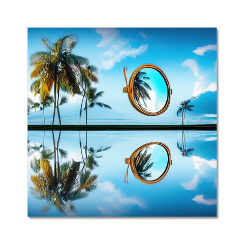 An art photo of a mirror with a tropical island and a tropical setting