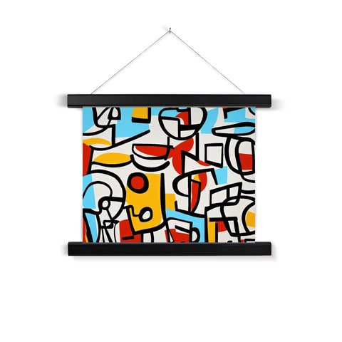 A wall hanging with colorful artwork and a white and gray umbrella.