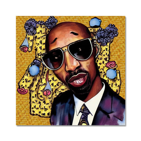 A framed picture of a bearded man wearing a tie with a hip hop sticker